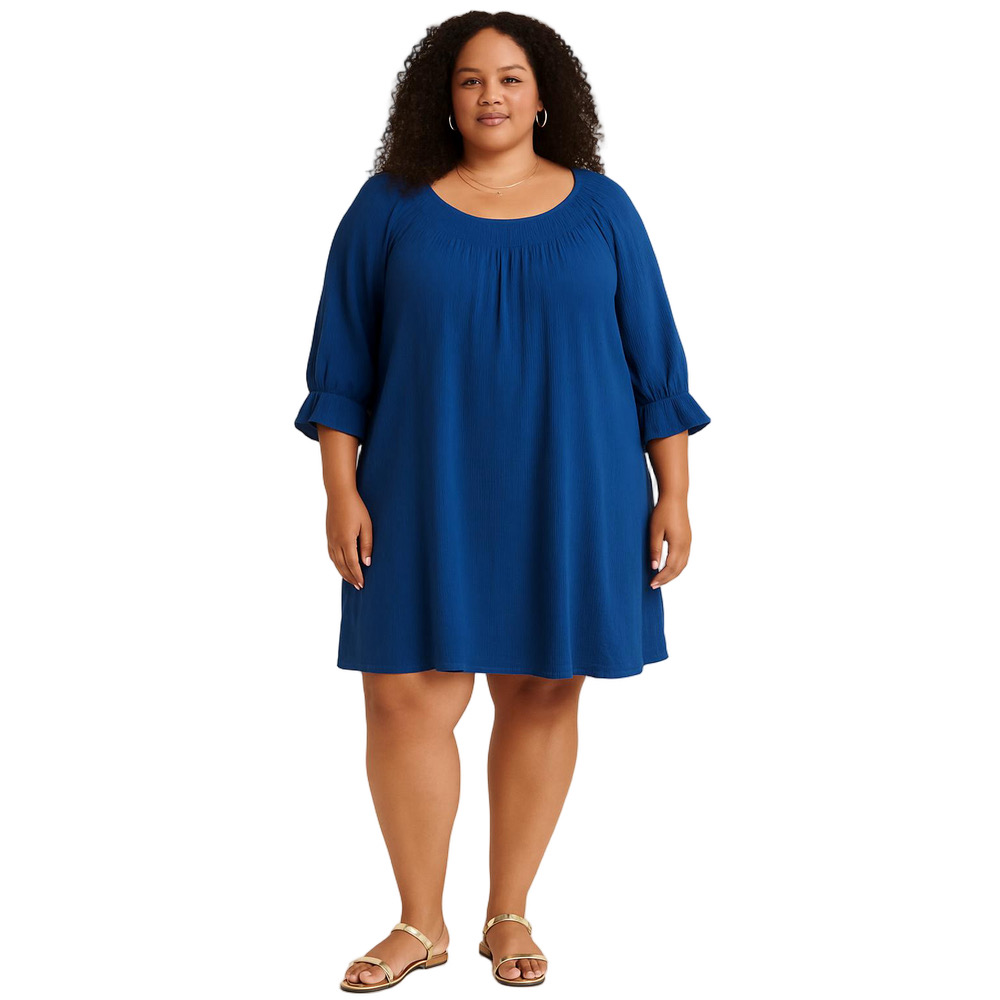 Sharagano Size 3X Navy Blue Smocked Yoke Bell Sleeves Lined Midi Dress
